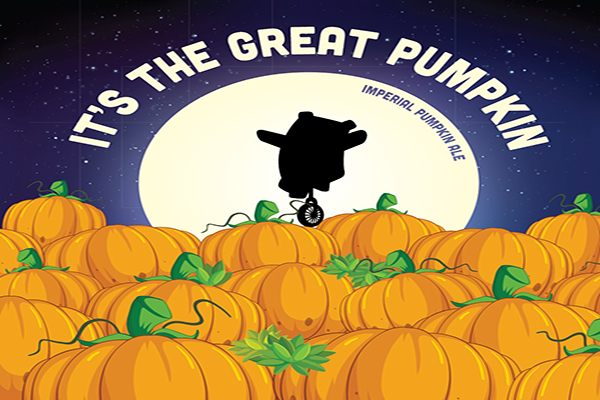 Image of it's a great pumpkin imperial pumpkin ale with sillouette of bear riding unicycle ontop of pumpkin patch